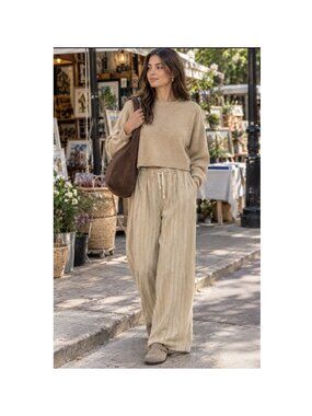 Zara L Beige Pull On Wide Leg Pants Cotton Blend striped Textured Boho Lounge